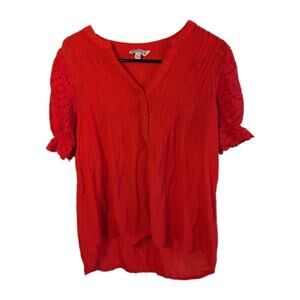 Nanette Leopore Shirt Red Peasant Blouse Eyelet Popover Women's Size Medium Top